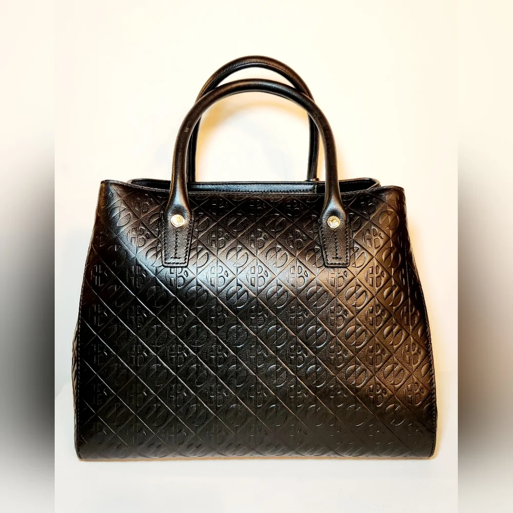 Henri bendel monogram embossed black leather top handle satchel bag - Picture 3 of 11